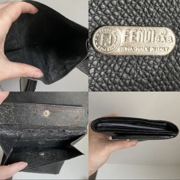 Vintage 70s Fendi Logo Print Fabric Wallet Black - Picture 7 of 8